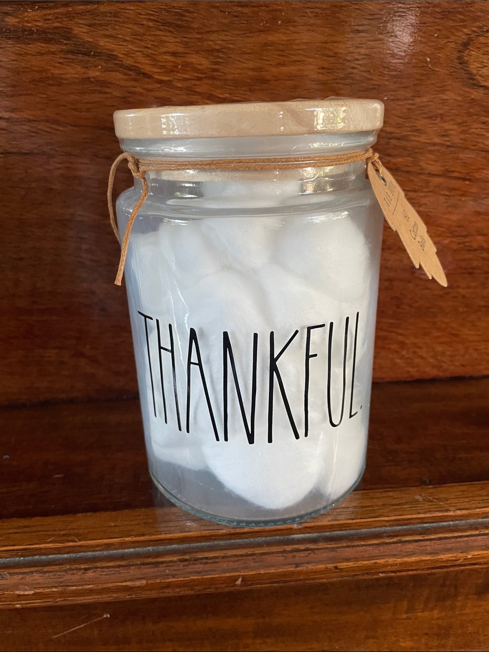 Rae Dunn “Thankful “ Jar with cotton balls